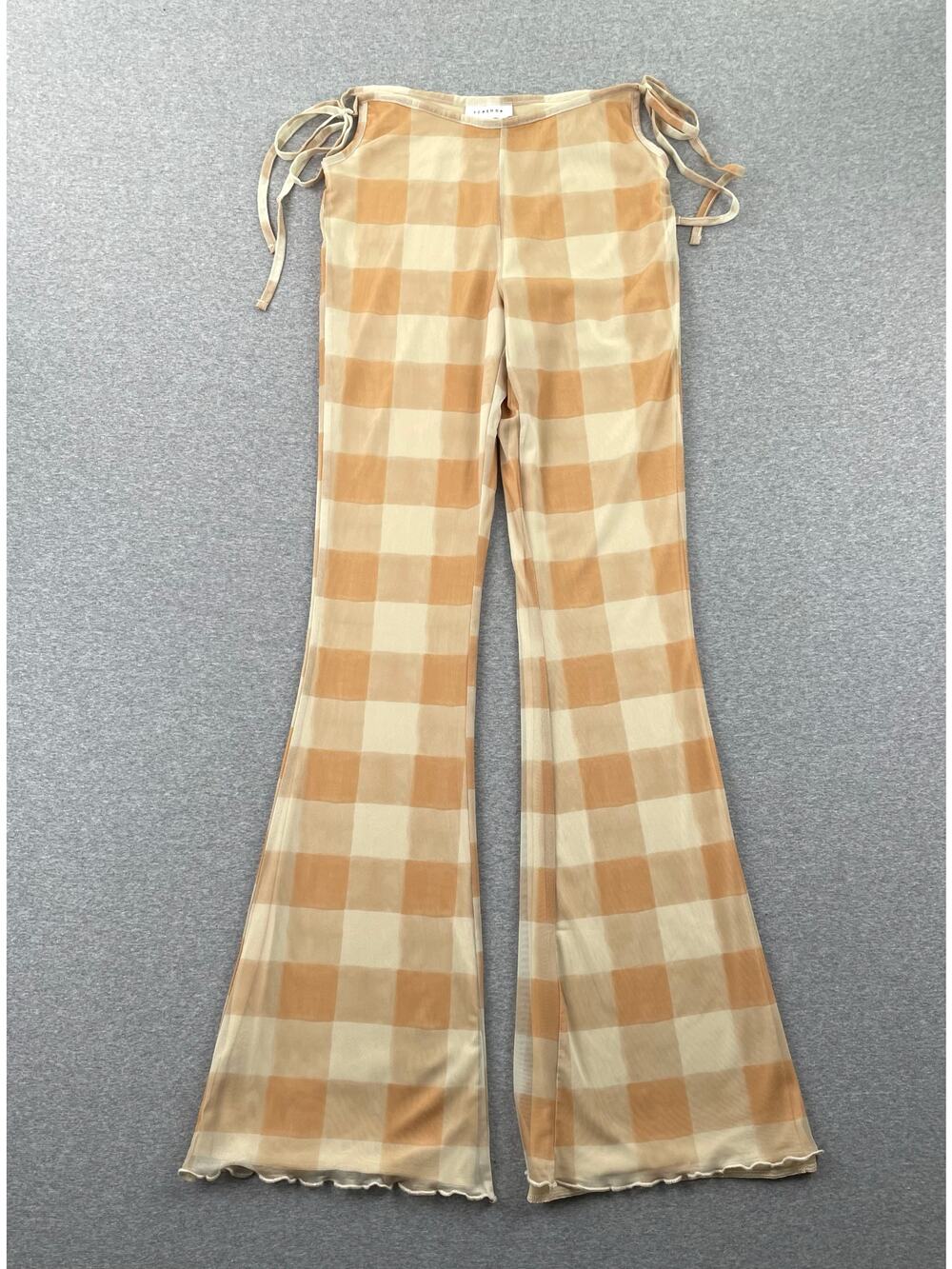 TOPSHOP Pants Womens 4 Yellow Flare Mesh Check Plaid Side Ties Festival Summer